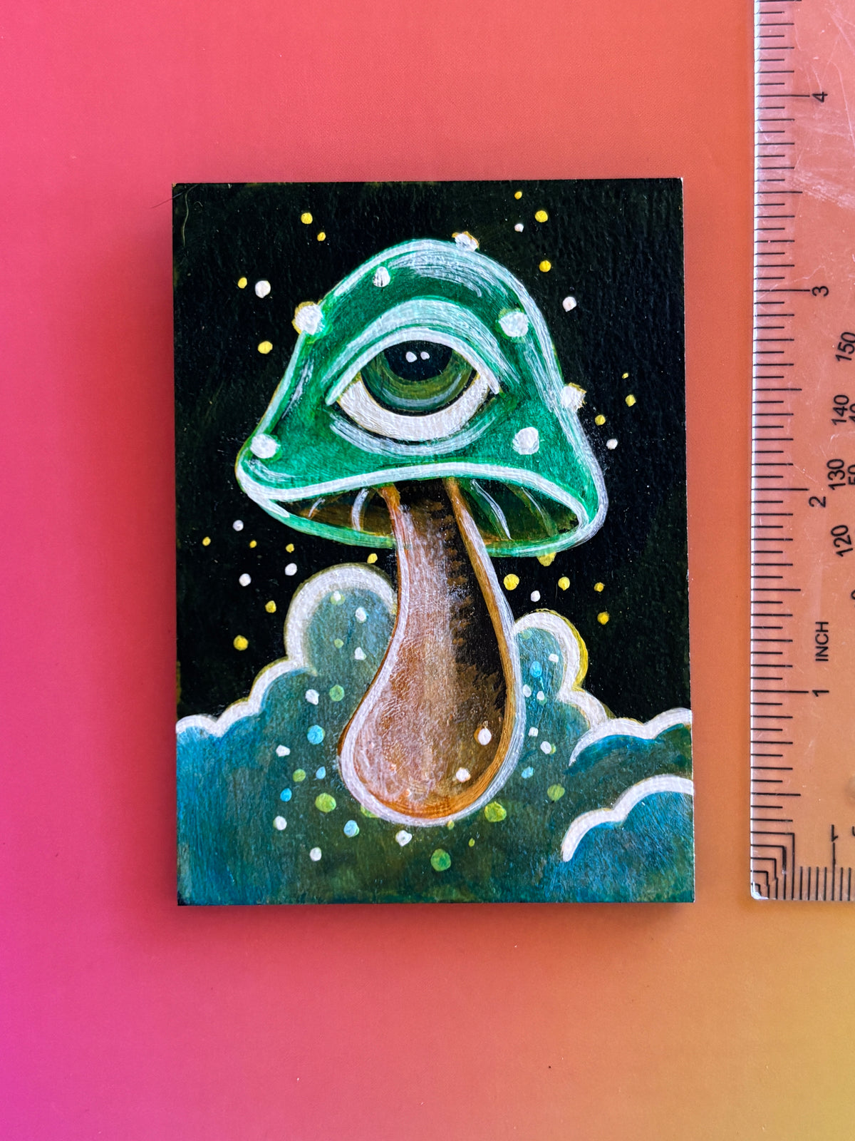 Original Painting: ShroomEYES Wooden Magnet (Teal)