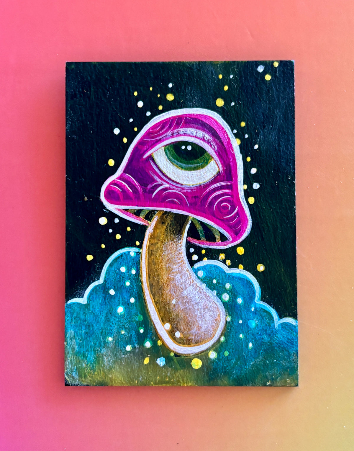 Original Painting: ShroomEYES Wooden Magnet (Magenta)
