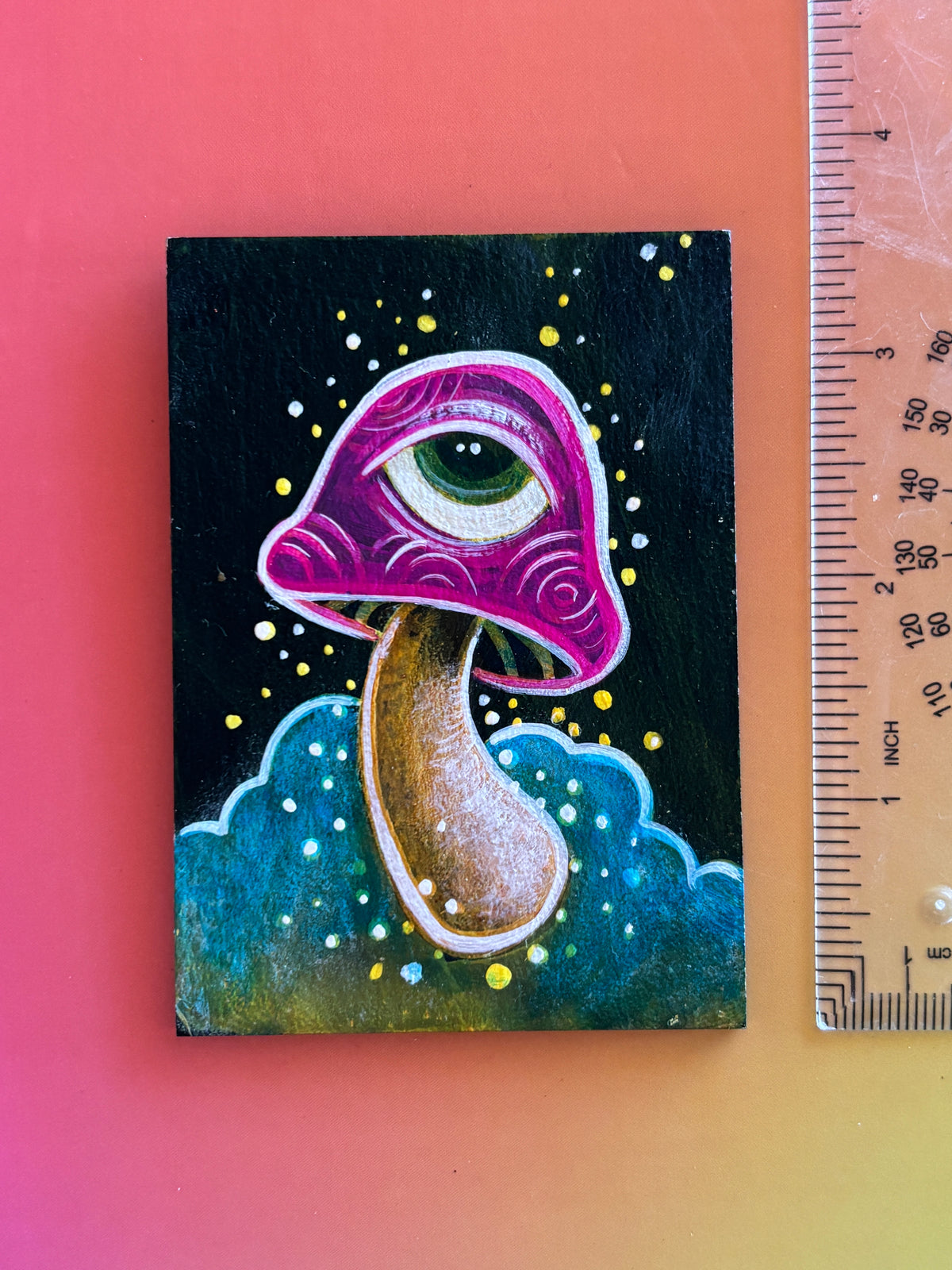 Original Painting: ShroomEYES Wooden Magnet (Magenta)