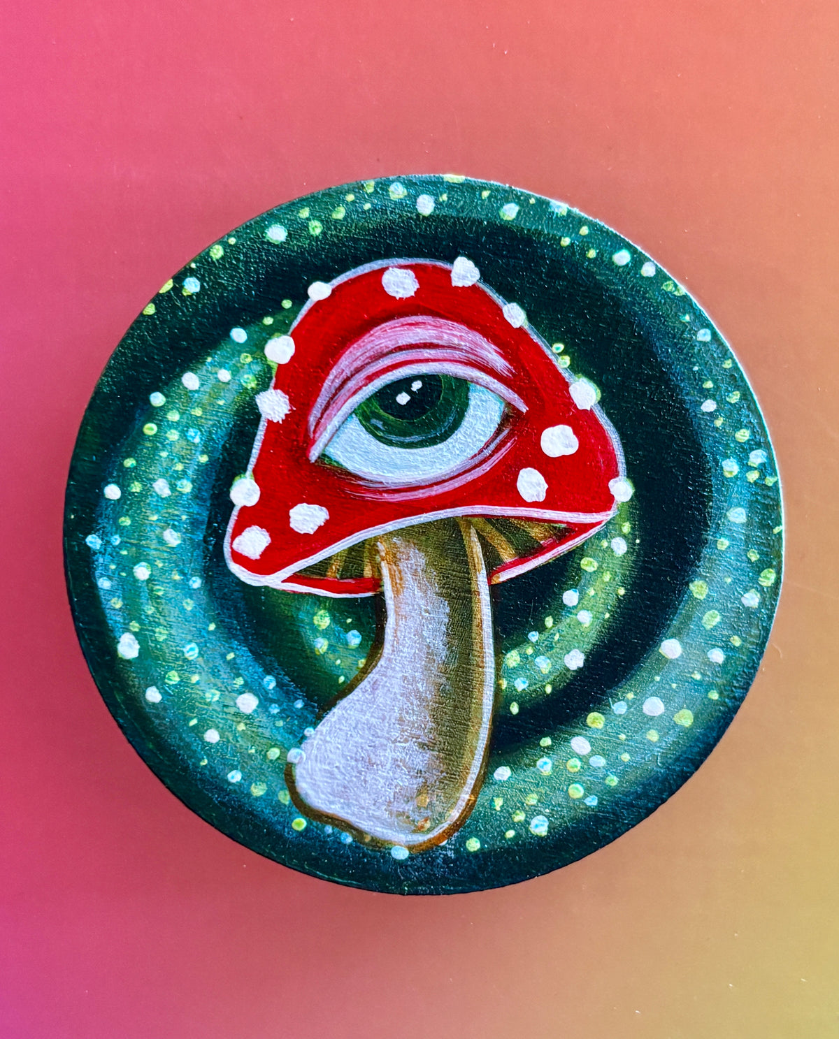 Original Painting: ShroomEYES Wooden Magnet (Round Agaric)