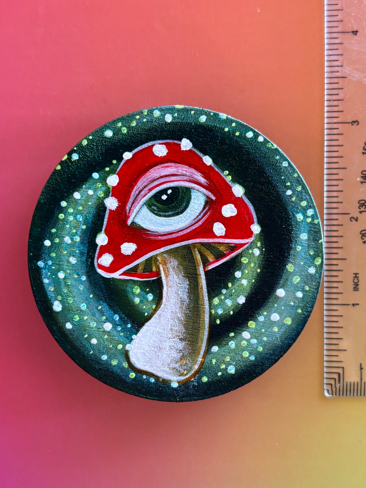 Original Painting: ShroomEYES Wooden Magnet (Round Agaric)