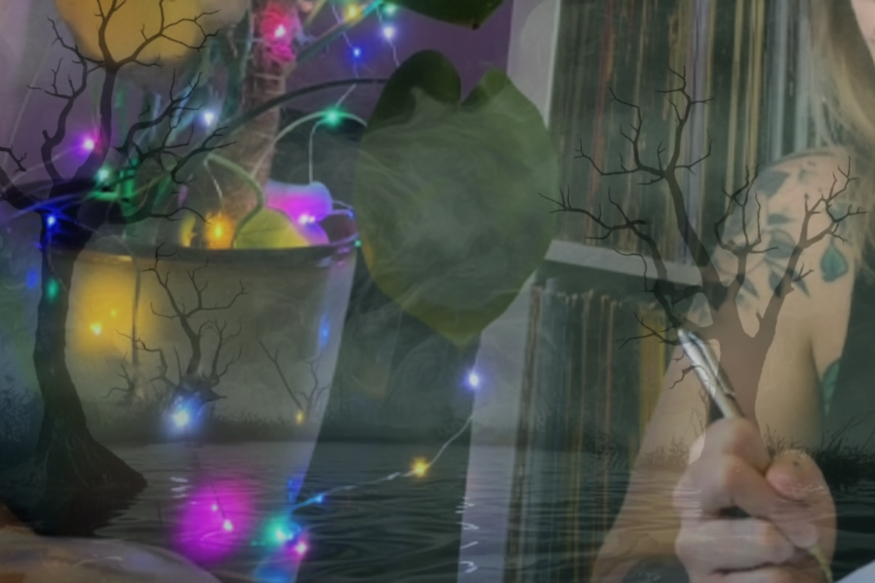 A person with tattoos is writing in a notebook next to a potted monstera plant decorated with colorful fairy lights, with a vinyl record shelf in the background.